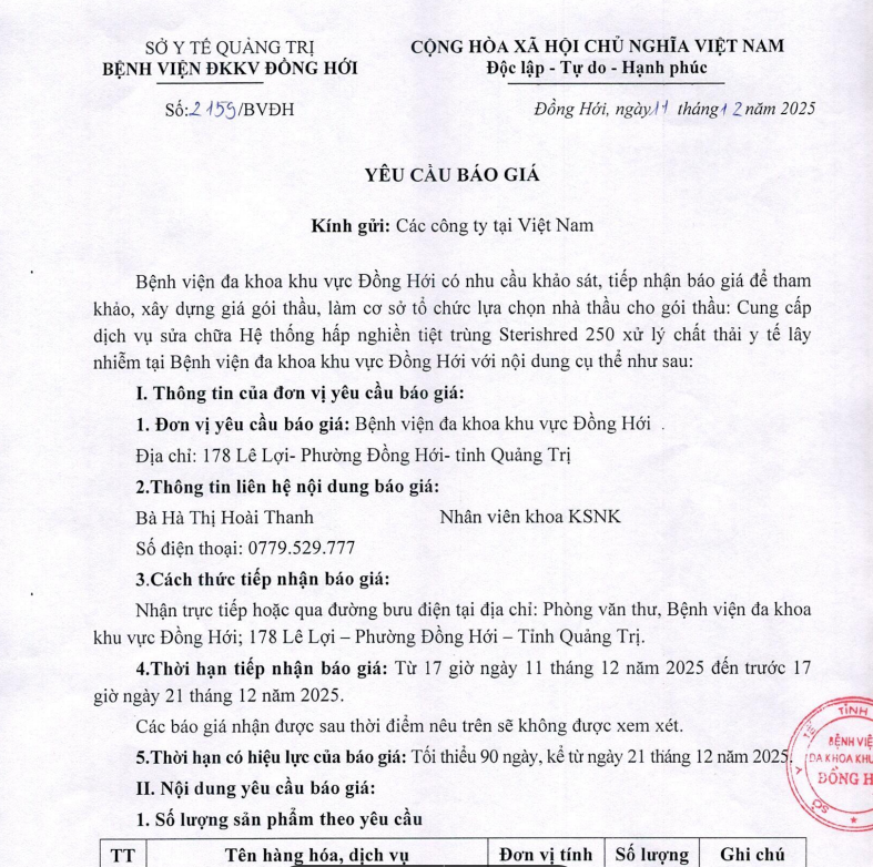 YÊU CẦU BÁO GIÁ