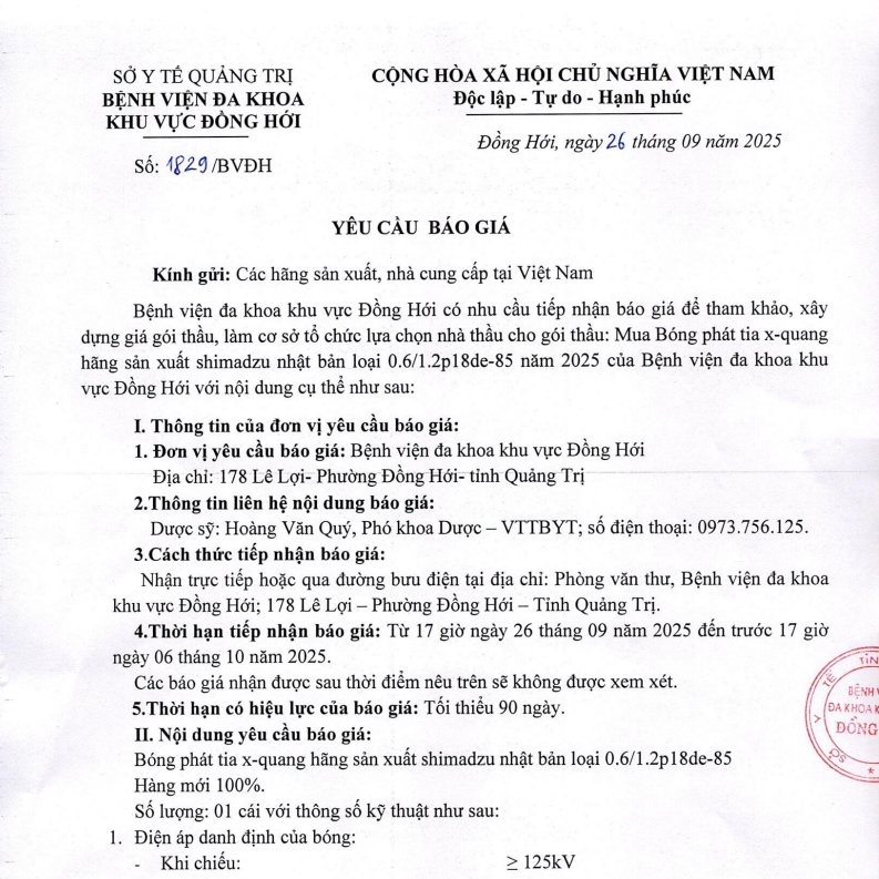 YÊU CẦU BÁO GIÁ MUA BÓNG PHÁT TIA X-QUANG